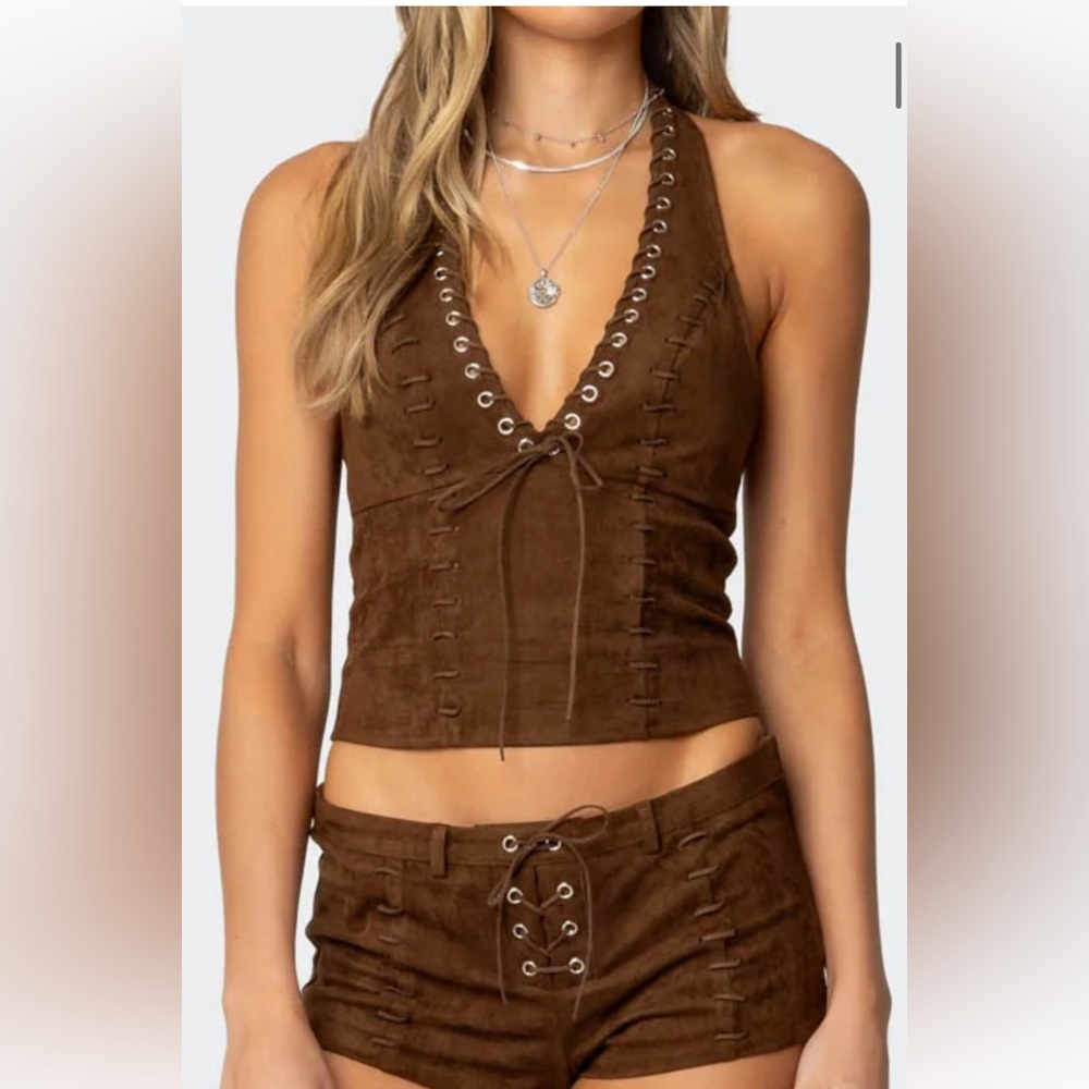 Women’s Brown Lace-Up Halter Crop Top Suede Edikted Western